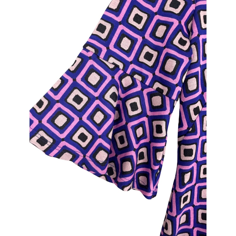 Tyler Boe Purple Geometric Square Print Bell Sleeve Ruffle Hem Shift Dress Small - Picture 4 of 9